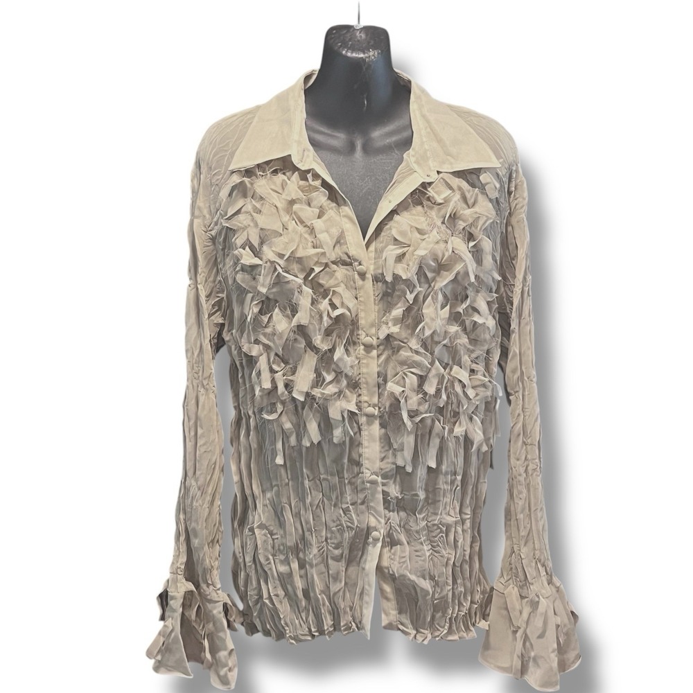 1990s Dress-U By Sharon Ruffled Button Top Shirt Color: Sand Size: XL NWT